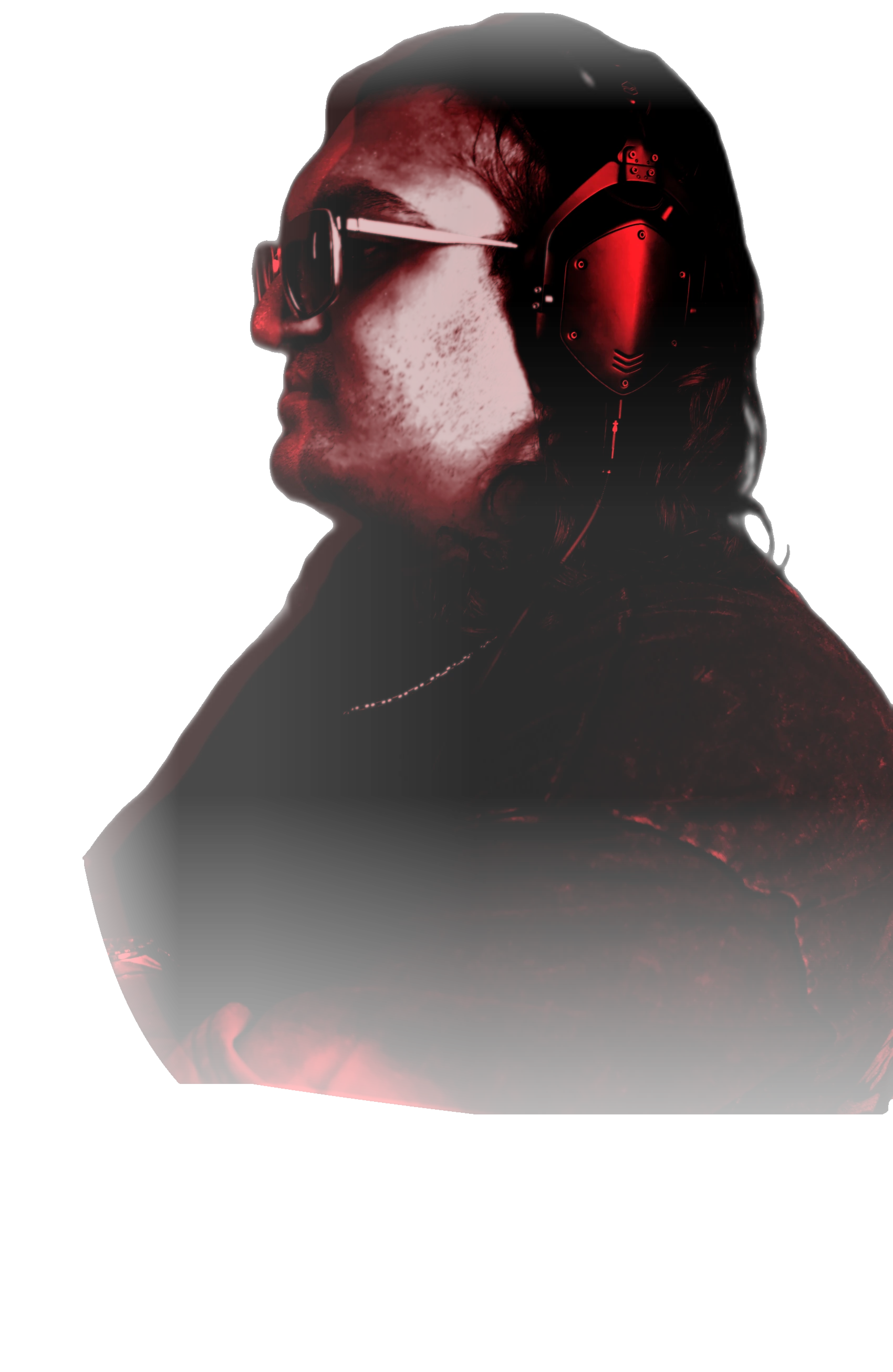Sidallica side profile with headphones in red neon light